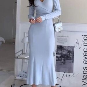 Blue Ribbed Long Sleeve Bodycon Dress